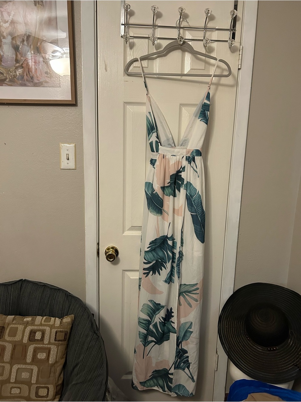AKIRA White Maxi Jumpsuit with Teal & Blush Leaf Print - Picture 2 of 11